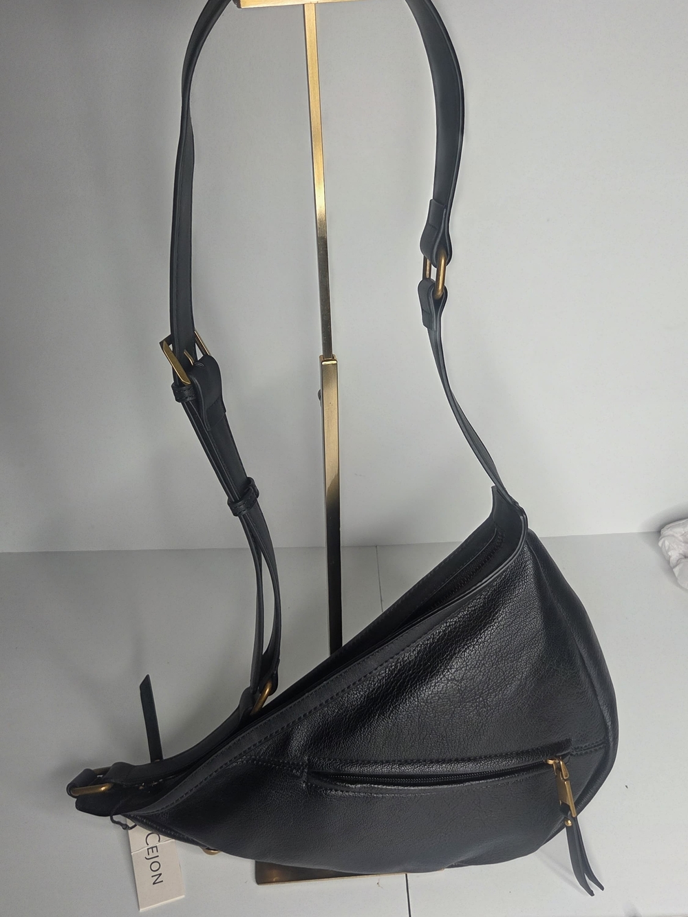 Black Cejon Leather Crescent Shoulder Bag with Gold Hardware